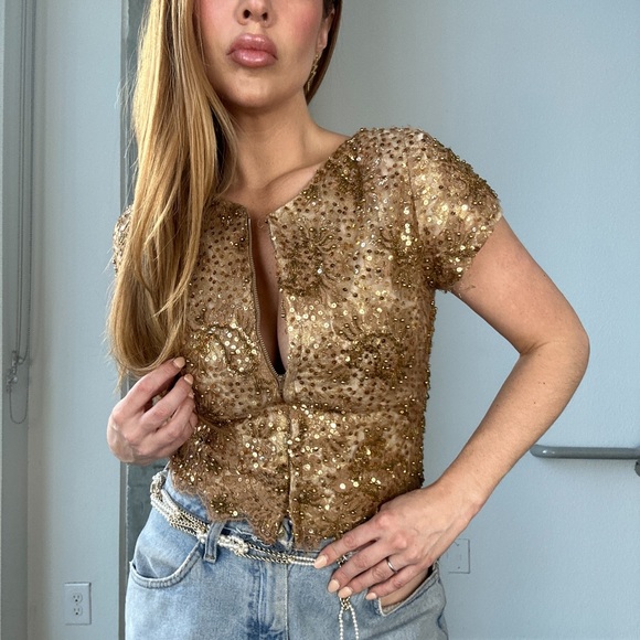 Pat Sandler Luxury Vintage Beaded Silk Chiffon Top - Picture 3 of 6